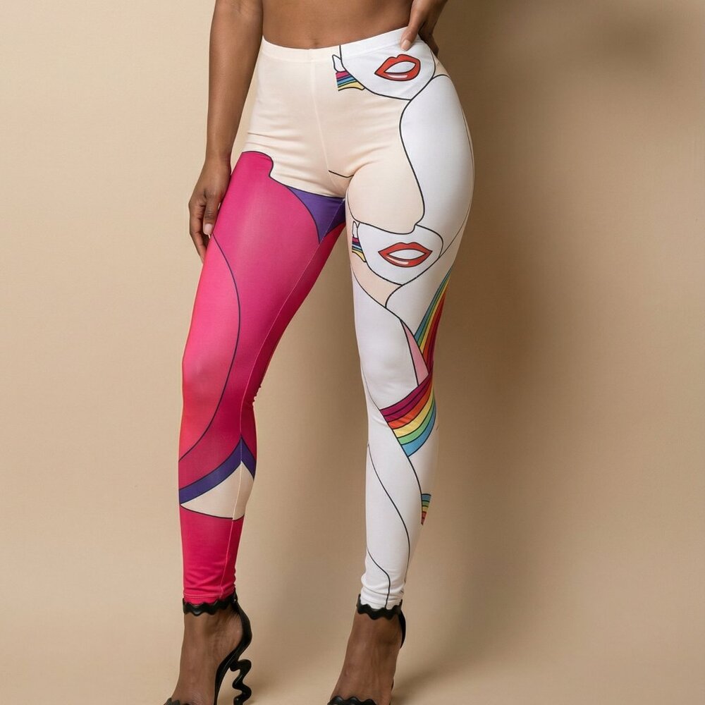 💋 Pop Art Muse High-Waisted Leggings | Pink Multi Face Print